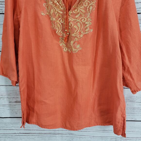 Chico's 100%Linen V-Neck Gold Lace Front Detail 3/4 Sleeve Top Size 1 - Picture 6 of 15